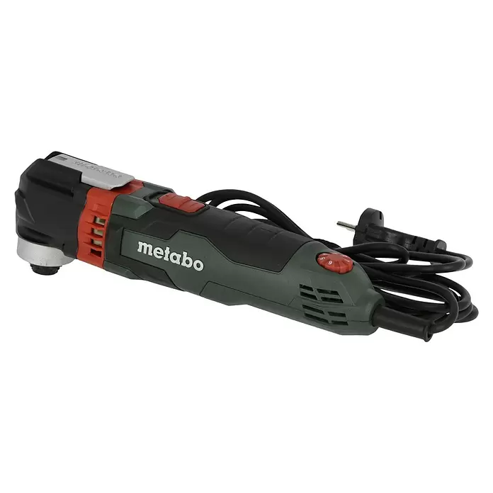 Metabo Herramienta multifunción eléctrica MT 400 Quick - 400 W, Sistema STARLOCK - Herramienta multifunción oscilante Metabo verde oscuro y negro con dial rojo de velocidad y cable con enchufe.