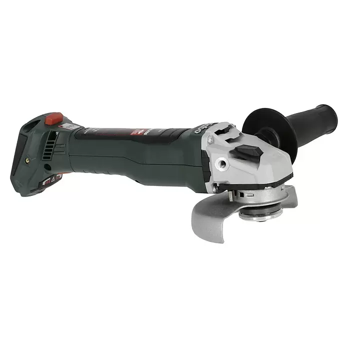 Metabo CAS 18V Amoladora angular de batería W 18 LT BL 11-125 - 18 V, 2 baterías, 4 Ah, Diámetro disco: 125 mm - Amoladora angular inalámbrica verde oscuro y gris con protector plateado y mango negro.