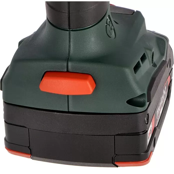 Metabo CAS 18V Atornillador para placas de yeso de batería TBS 18 LTX BL 5000 - 18 V, 2 baterías, 2 Ah - Base verde oscuro de herramienta eléctrica con batería negra, con un botón de liberación naranja.