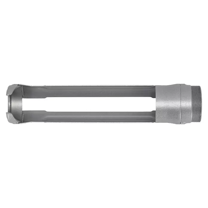 Metabo CAS 18V Pistola de cartuchos de batería KPA 18 LTX 400 - 18 V, Sin batería, Específico para: Cartuchos / Bolsas de plástico de 400 ml - Carcasa metálica larga y hueca de color gris plateado con recortes laterales y un extremo roscado.