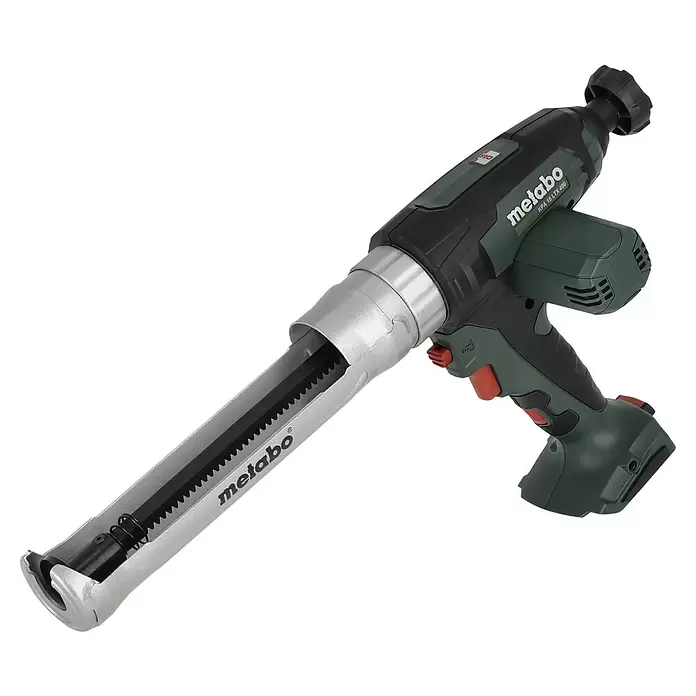 Metabo CAS 18V Pistola de cartuchos de batería KPA 18 LTX 400 - 18 V, Sin batería, Específico para: Cartuchos / Bolsas de plástico de 400 ml - Pistola de sellado inalámbrica Metabo verde y negra con cañón plateado y barra de empuje dentada visible.