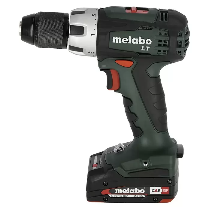 Metabo CAS 18V Taladro atornillador de batería BS 18 LT Compact - 18 V, 2 baterías, 2 Ah, 60 Nm - Taladro atornillador Metabo LT 18V sin cable en verde oscuro y negro con detalles rojos, portabrocas plateado y ajustes de par.