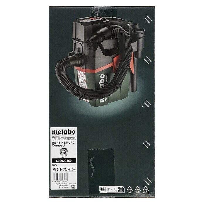 Metabo CAS 18V Aspirador en seco y húmedo de batería AS 18 HEPA PC Compact (18 V, Sin batería, Volumen de recipiente: 6 l) | BAUHAUS