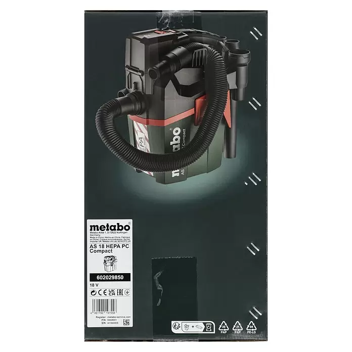 Metabo CAS 18V Aspirador en seco y húmedo de batería AS 18 HEPA PC Compact - 18 V, Sin batería, Volumen de recipiente: 6 l - Aspirador de polvo compacto Metabo AS 18 HEPA PC en negro y verde, con manguera flexible negra y accesorios, mostrado en ángulo.