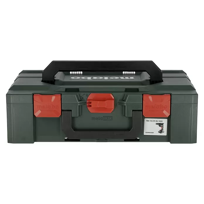 Metabo CAS 18V Atornillador para placas de yeso de batería TBS 18 LTX BL 5000 - 18 V, 2 baterías, 2 Ah - Metabo metaBOX verde oscuro con cierres rojos y asas negras, con una etiqueta de producto.