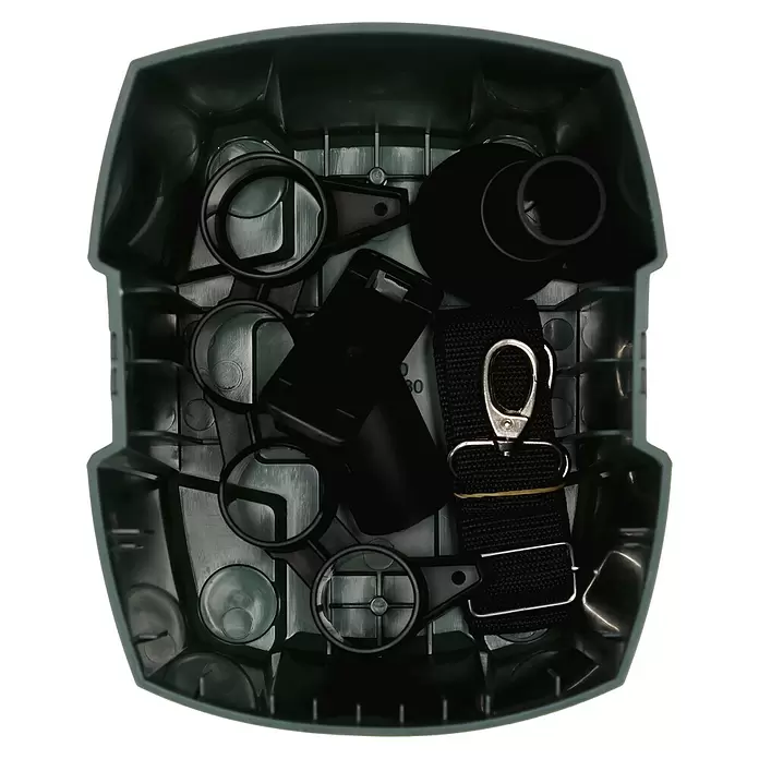 Metabo CAS 18V Akku-Nass-Trockensauger AS 18 HEPA PC Compact - 18 V, Ohne Akku, Behältervolumen: 6 l - Dunkelgrüner Kunststoffbehälter mit schwarzen Kunststoffzubehörteilen: Ringen, Clips und Gurt mit Karabinerhaken.