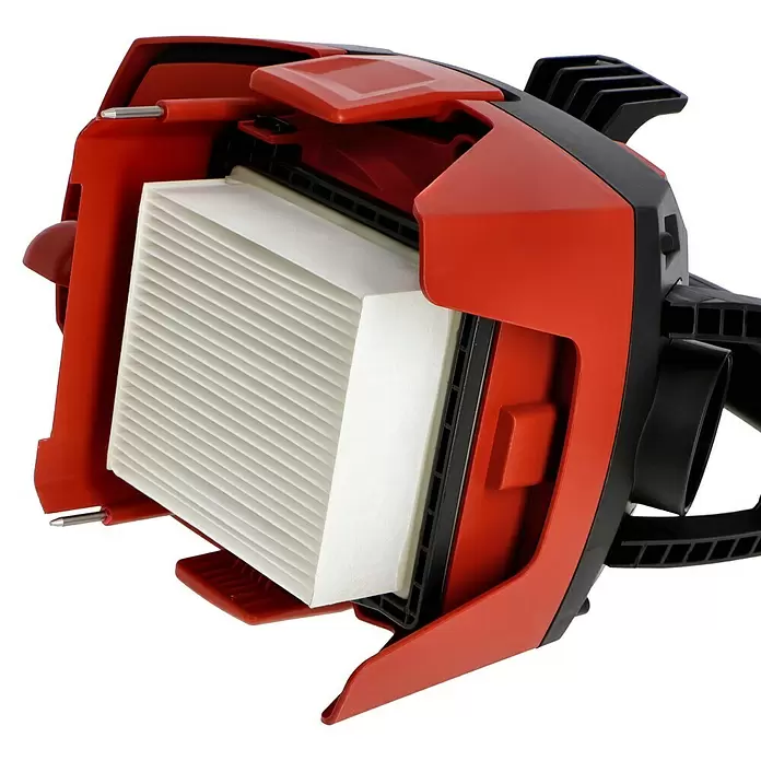 Metabo CAS 18V Akku-Nass-Trockensauger AS 18 HEPA PC Compact - 18 V, Ohne Akku, Behältervolumen: 6 l - Offener rot-schwarzer Staubsauger mit freiliegendem weißen Faltenfilter.