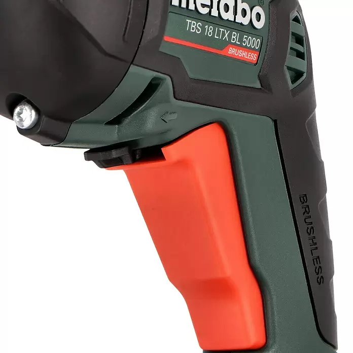 Metabo CAS 18V Atornillador para placas de yeso de batería TBS 18 LTX BL 5000 - 18 V, 2 baterías, 2 Ah - Primer plano de una herramienta eléctrica Metabo verde oscuro con gatillo naranja y letras "BRUSHLESS".