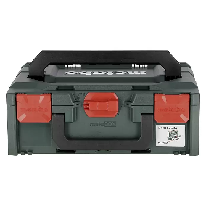 Metabo Herramienta multifunción eléctrica MT 400 Quick - 400 W, Sistema STARLOCK - Maleta de sistema Metabo metaBOX verde oscuro con cierres rojos y asas negras.