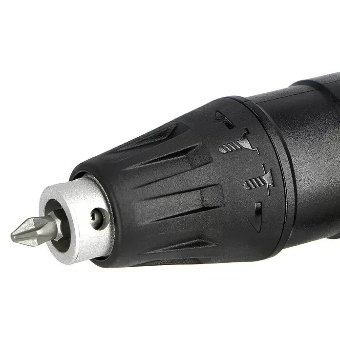 Metabo CAS 18V Atornillador para placas de yeso de batería TBS 18 LTX BL 5000 - 18 V, 2 baterías, 2 Ah - Primer plano de un destornillador eléctrico con punta Phillips plateada. Cabezal de plástico negro con anillo de ajuste y símbolos de tornillo.