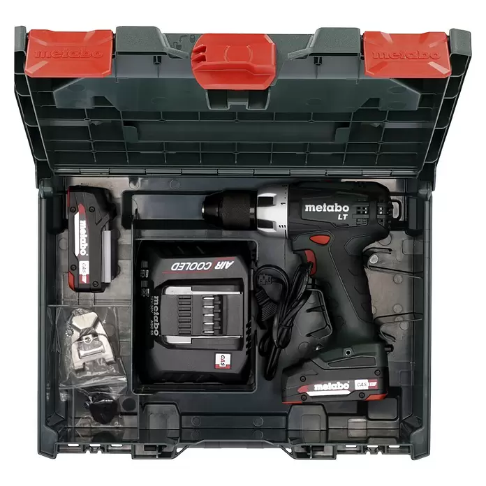 Metabo CAS 18V Taladro atornillador de batería BS 18 LT Compact - 18 V, 2 baterías, 2 Ah, 60 Nm - Kit de taladro inalámbrico Metabo en maletín de plástico, con taladro verde oscuro, dos baterías y cargador.