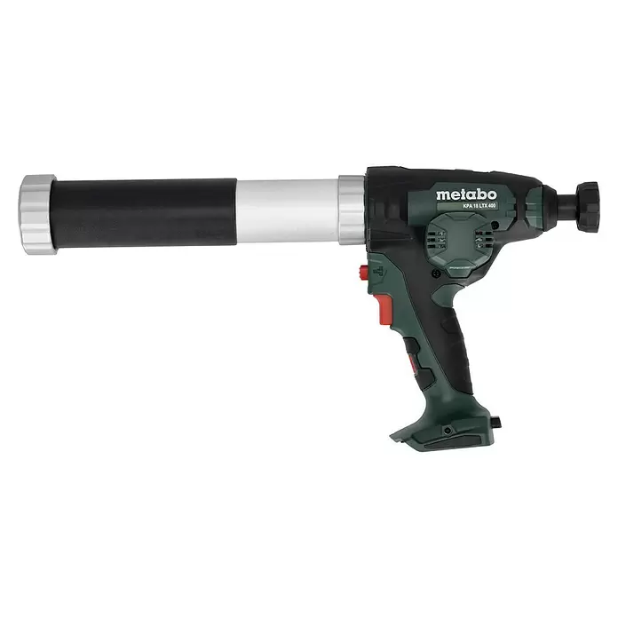 Metabo CAS 18V Pistola de cartuchos de batería KPA 18 LTX 400 - 18 V, Sin batería, Específico para: Cartuchos / Bolsas de plástico de 400 ml - Pistola de calafateo inalámbrica Metabo en verde oscuro y negro con un tubo plateado y negro, con detalles rojos.