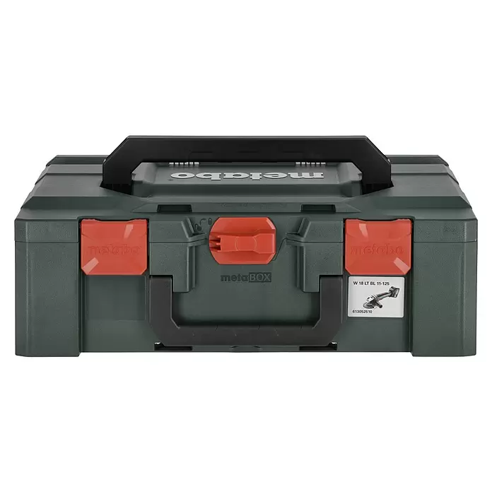 Metabo CAS 18V Amoladora angular de batería W 18 LT BL 11-125 - 18 V, 2 baterías, 4 Ah, Diámetro disco: 125 mm - Maletín de sistema Metabo MetaBOX verde oscuro con cierres naranjas, asa negra y una etiqueta de producto con una amoladora angular.