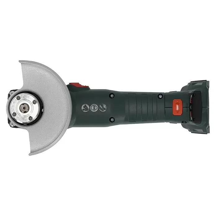 Metabo CAS 18V Amoladora angular de batería W 18 LT BL 11-125 - 18 V, 2 baterías, 4 Ah, Diámetro disco: 125 mm - Vista superior de una amoladora angular inalámbrica verde oscuro con protector plateado y detalles rojos.