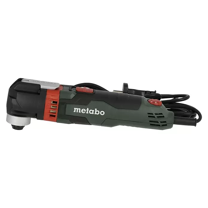Metabo Herramienta multifunción eléctrica MT 400 Quick - 400 W, Sistema STARLOCK - Herramienta oscilante Metabo verde y negra con acentos rojos, cabezal plateado y cable de alimentación enrollado.