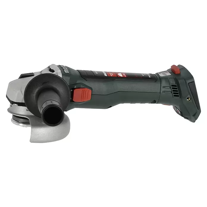 Metabo CAS 18V Amoladora angular de batería W 18 LT BL 11-125 - 18 V, 2 baterías, 4 Ah, Diámetro disco: 125 mm - Amoladora angular sin cable verde oscuro y gris con botones rojos y empuñadura lateral negra.