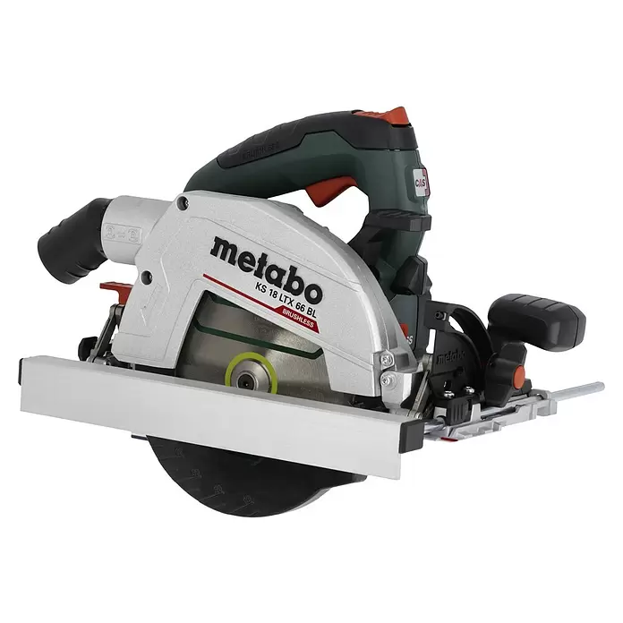 Metabo CAS 18V Sierra circular de batería KS 18 LTX 66 BL - 18 V, Sin batería, 4.800 r.p.m. - Sierra circular inalámbrica Metabo KS 18 LTX 66 BL con cuerpo gris plateado, mango verde oscuro y riel guía.