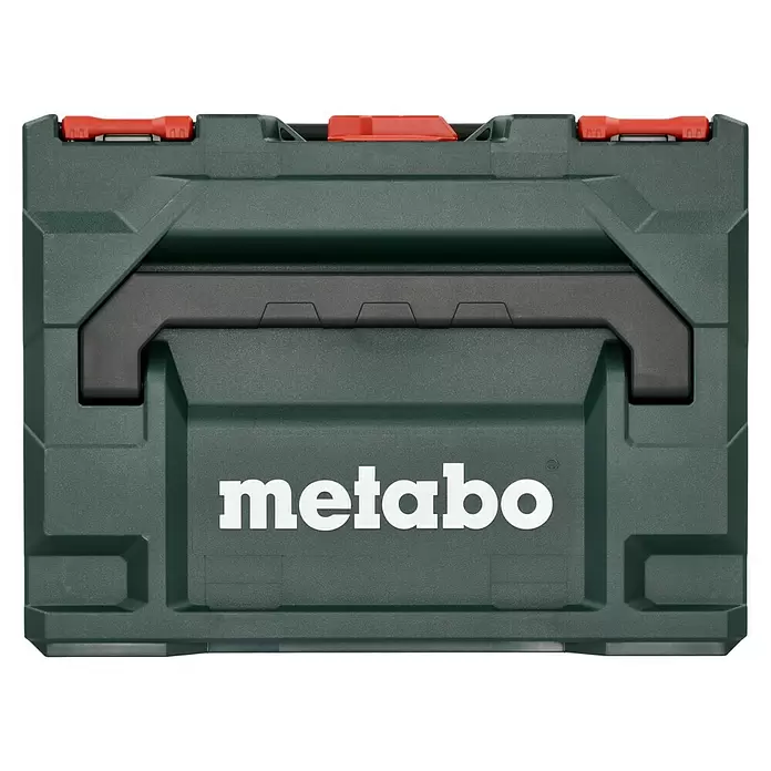 Metabo CAS 18V Taladro atornillador de batería BS 18 LT Compact - 18 V, 2 baterías, 2 Ah, 60 Nm - Caja de herramientas Metabo verde oscuro de plástico con cierres rojos y asa negra.