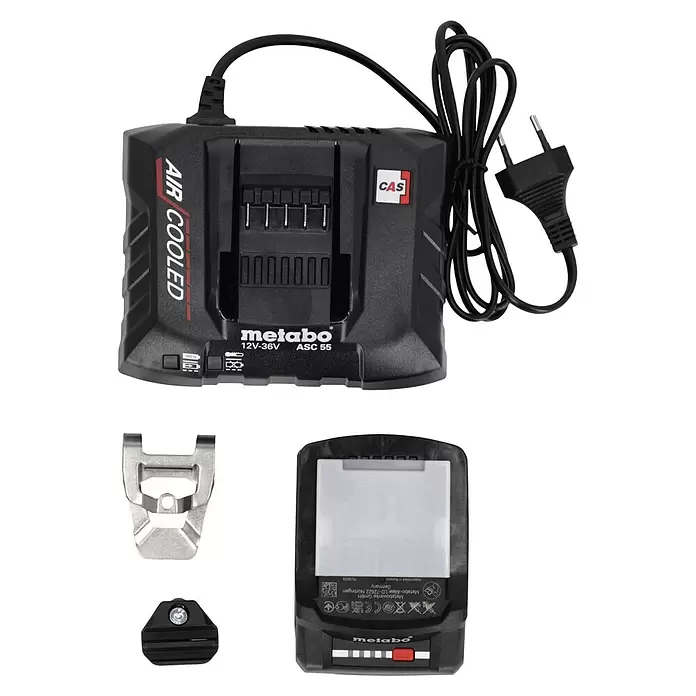 Metabo CAS 18V Taladro atornillador de batería BS 18 LT Compact - 18 V, 2 baterías, 2 Ah, 60 Nm - Cargador Metabo ASC 55 Air Cooled negro para baterías 12V-36V, una batería Metabo y un gancho de cinturón.
