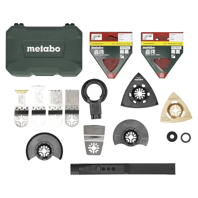 Metabo Herramienta multifunción eléctrica MT 400 Quick - 400 W, Sistema STARLOCK - Juego de accesorios para multiherramienta oscilante Metabo con varias hojas, almohadillas de lijado y papel de lija en un estuche verde.