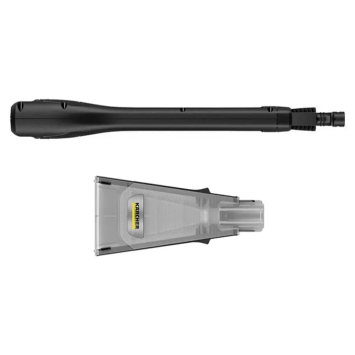 Kärcher Strahlrohr eco!Booster 130 - Passend für: Kärcher Hochdruckreiniger der Klassen K4, 615 x 108 x 51 mm - Detaillierte Ansicht einer Kärcher Flächenlanze und eines Strahlrohrs, die für Hochdruckreiniger entwickelt wurden.
