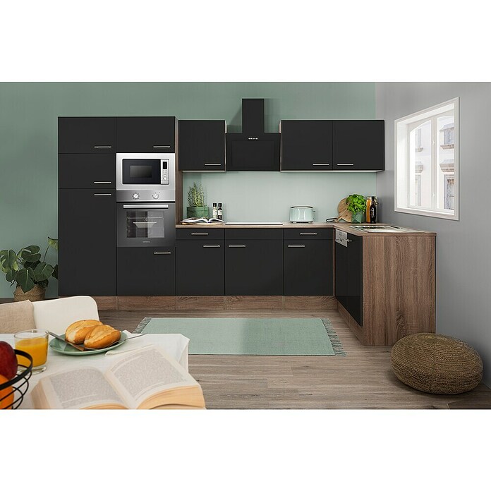 Respekta Cocina esquinera (172 x 340 cm, Brillo satinado negro)