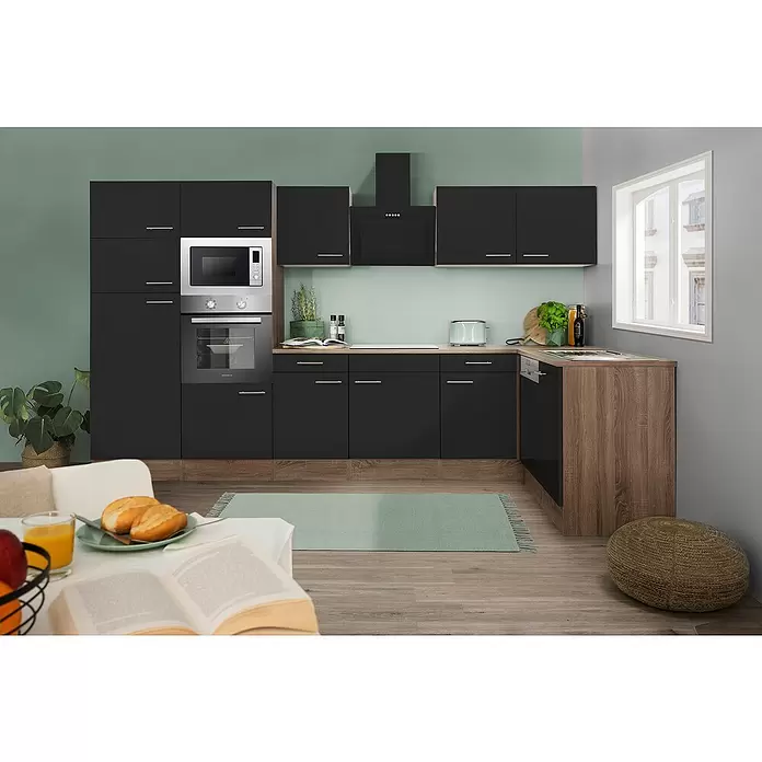 Respekta Oliver Cocina esquinera Oliver - An x Pr: 340 x 172 cm, Negro, Con electrodomésticos - Modernos muebles de cocina negros y encimeras efecto madera en un ambiente de cocina contemporáneo.
