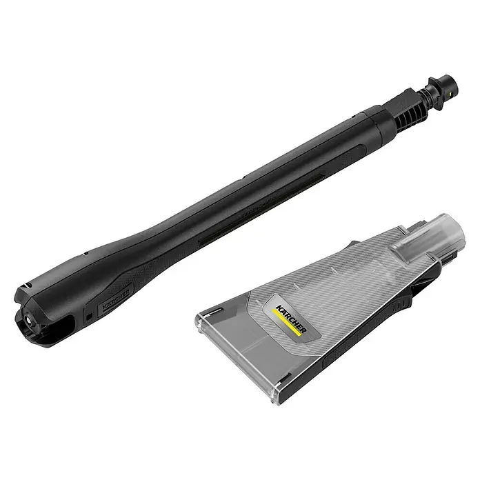 Kärcher Strahlrohr eco!Booster 145 - Passend für: Kärcher Hochdruckreiniger der Klassen K5, 615 x 108 x 51 mm - Abgebildet ist ein Kärcher-Sprühaufsatz mit einem transparenten Reinigungsbehälter, der das Dosieren von Reinigungsmitteln ermöglicht.