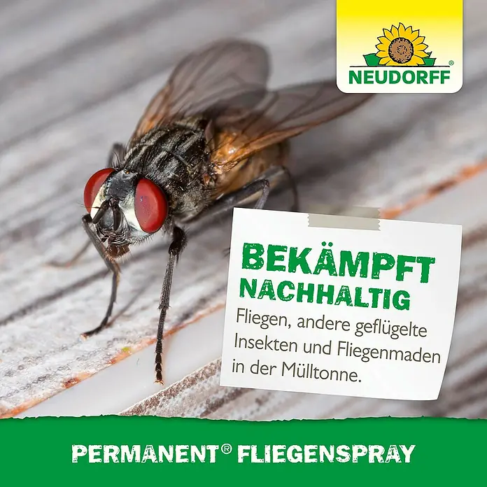 Neudorff Permanent Insekten-Spray Fliegen - 500 ml - Nahaufnahme einer Fliege und Werbung für Neudorff Permanent® Fliegenspray zur nachhaltigen Fliegenbekämpfung.