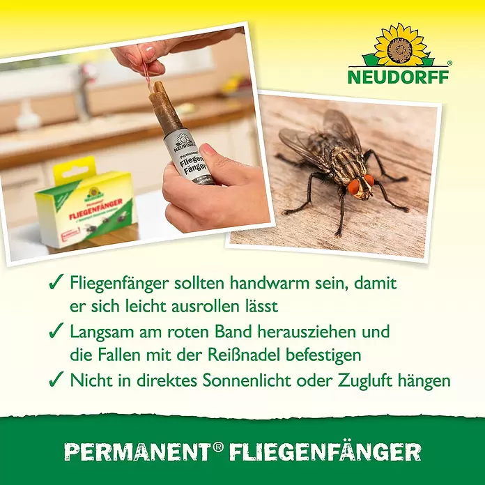 Neudorff Permanent Fliegenfänger - 4 Stk. - Hände rollen eine Neudorff Permanent Fliegenfalle aus; eine Fliege und Produktverpackung sind auch zu sehen.