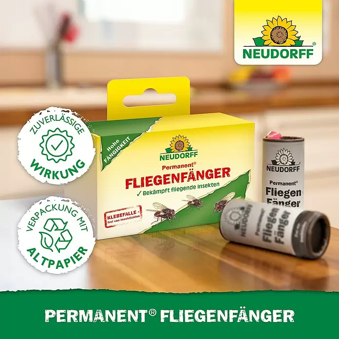 Neudorff Permanent Fliegenfänger - 4 Stk. - Neudorff Permanent Fliegenfänger: eine gelbe Box und zwei graue zylindrische Fallen zum Fangen von Fluginsekten, insektizidfrei.