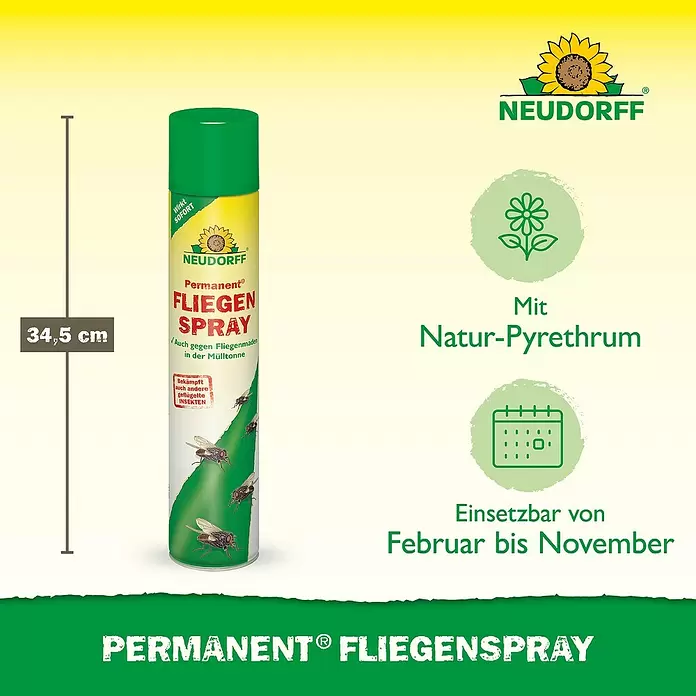 Neudorff Permanent Insekten-Spray Fliegenspray - 750 ml - Grüne und gelbe Neudorff Permanent Fliegen Spraydose, 34,5 cm hoch, mit Fliegenabbildungen.