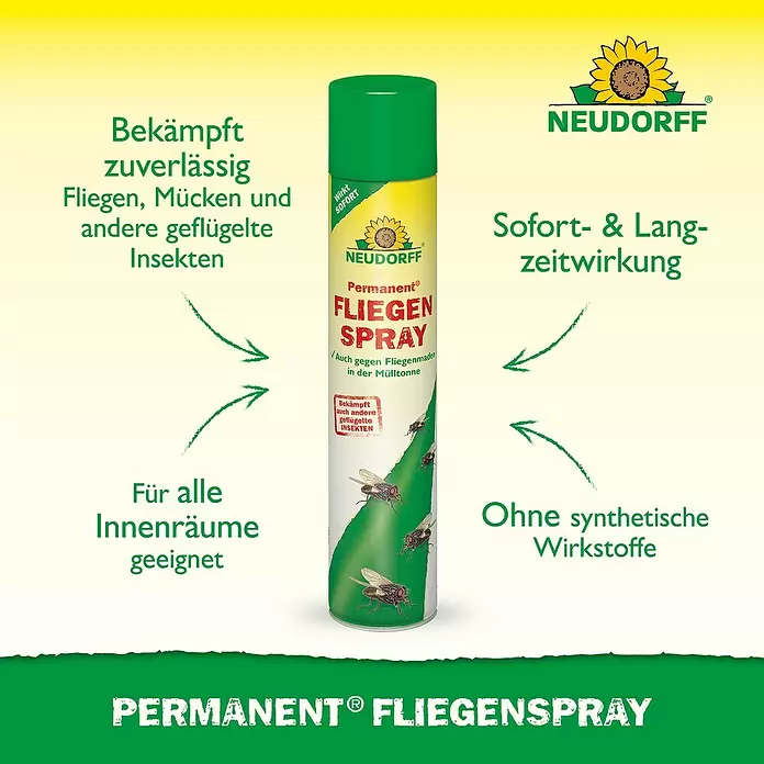 Neudorff Permanent Insekten-Spray Fliegenspray - 750 ml - Neudorff Permanent Fliegenspray-Flasche in Grün und Weiß. Zeigt Produktinfos zu sofortiger Wirkung gegen Insekten und natürlichen Inhaltsstoffen.