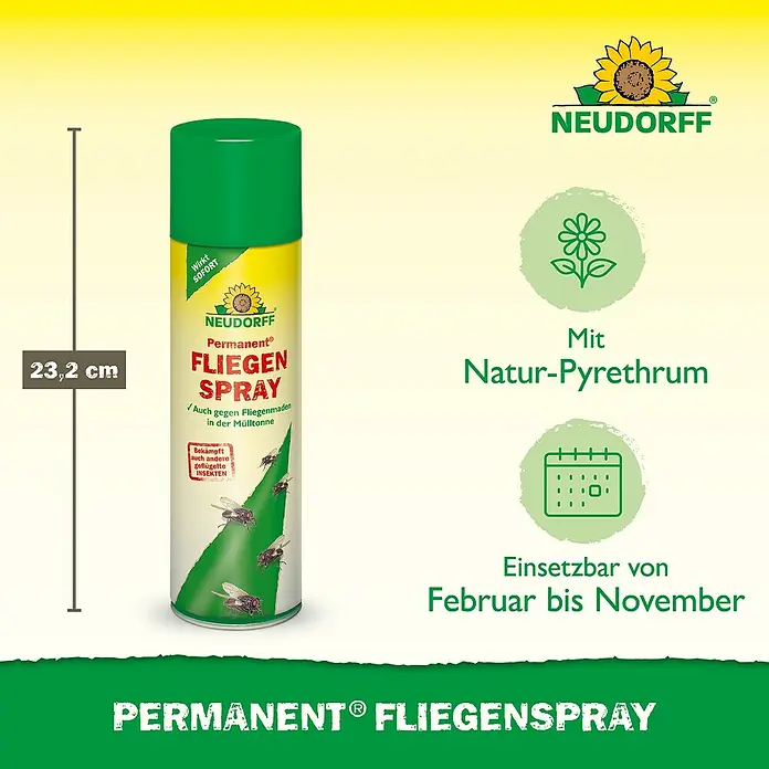 Neudorff Permanent Insekten-Spray Fliegen - 500 ml - Produktbild: Neudorff Permanent® Fliegenspray zur effektiven Fliegenbekämpfung im Haus und Garten, mit Natur-Pyrethrum und Angabe zur Größe.