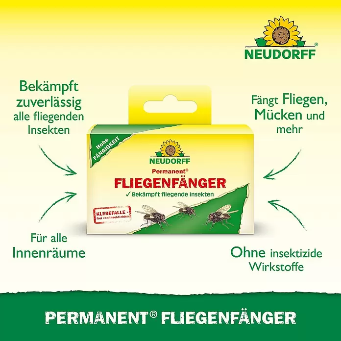 Neudorff Permanent Fliegenfänger - 4 Stk. - Gelbe und grüne Verpackung des Neudorff Permanent Fliegenfängers, der fliegende Insekten ohne Insektizide fängt.