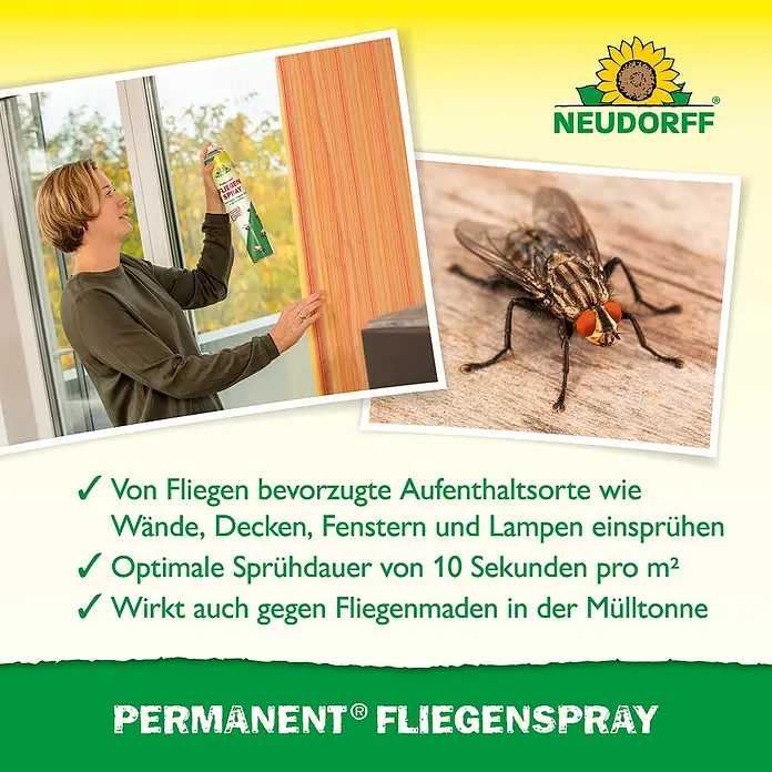 Neudorff Permanent Insekten-Spray Fliegen - 500 ml - Produktbild von Neudorff Permanent® Fliegenspray, das gegen Fliegen und Fliegenmaden wirkt, mit Anwendungshinweisen.