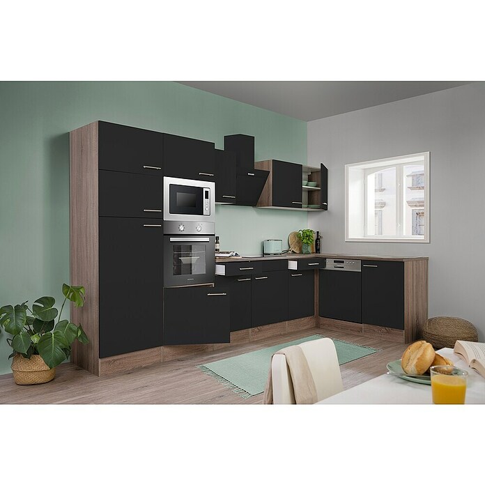 Respekta Cocina esquinera (172 x 340 cm, Brillo satinado negro)