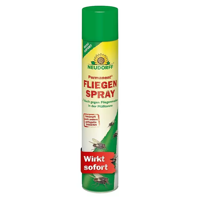 Neudorff Permanent Insekten-Spray Fliegenspray - 750 ml - Grüne und gelbe Sprühdose "Neudorff Permanent Fliegen Spray" mit roten Aufschriften, wirksam gegen Fliegen, Maden und geflügelte Insekten.
