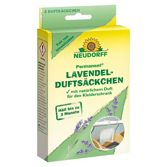 Neudorff Permanent Lavendel-Duftsäckchen - 3 Stk. - Produktverpackung von Neudorff Lavendel-Duftsäckchen, die Kleidung bis zu 3 Monate frisch hält und frei von Insektiziden ist.