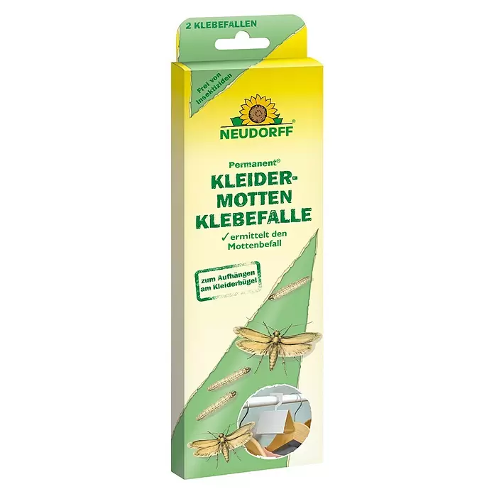 Neudorff Permanent Kleidermottenfalle - 2 Stk. - Gelb-grüne Neudorff Permanent Kleidermotten-Klebefallen-Packung. Enthält 2 insektizidfreie Fallen zum Aufhängen an Kleiderbügeln zur Mottenerkennung.