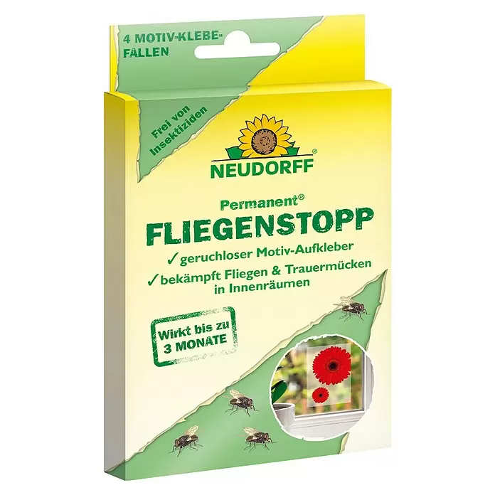 Neudorff Permanent Klebefalle Fliegenstopp - 4 Stk. - Gelb-grüne Neudorff Permanent Fliegenstopp Motiv-Klebfallen-Box, insektizidfrei gegen Fliegen und Trauermücken, wirksam bis zu 3 Monate.