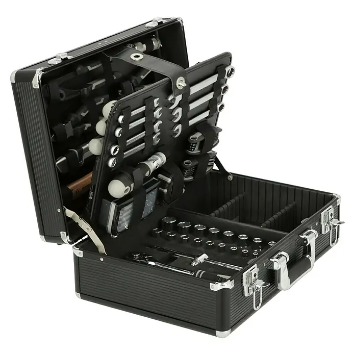 Alpha Tools Werkzeugkoffer - L x B x H: 450 x 305 x 167 mm, Aluminium, 119 -tlg. - Werkzeugkoffer aus Aluminium mit verschiedenen Werkzeugen ordentlich angeordnet. Ideal für Profis und Heimwerker.