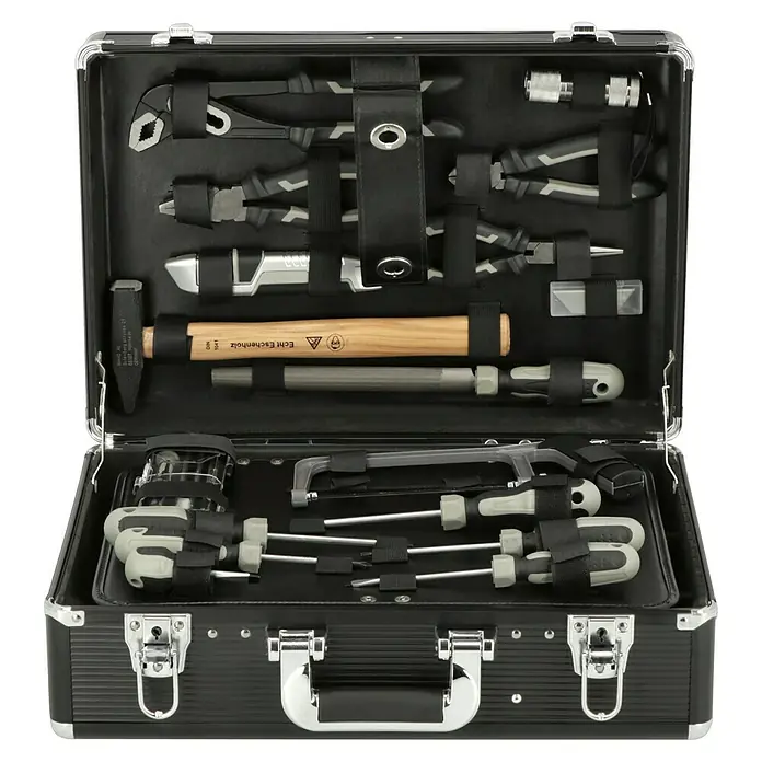 Alpha Tools Werkzeugkoffer - L x B x H: 450 x 305 x 167 mm, Aluminium, 119 -tlg. - Ein Werkzeugkoffer mit einer Vielzahl von Werkzeugen, ordentlich in Fächern verstaut, präsentiert für den professionellen Einsatz.
