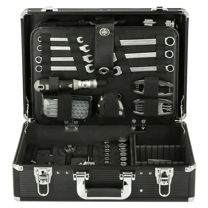 Alpha Tools Werkzeugkoffer - L x B x H: 450 x 305 x 167 mm, Aluminium, 119 -tlg. - Offener Werkzeugkoffer mit einer Auswahl an Werkzeugen für verschiedene Reparaturarbeiten.
