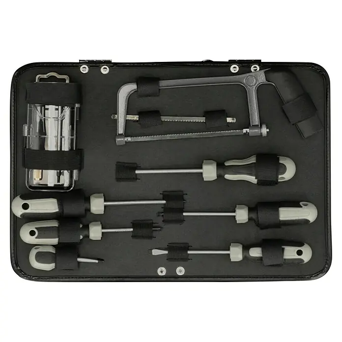 Alpha Tools Werkzeugkoffer - L x B x H: 450 x 305 x 167 mm, Aluminium, 119 -tlg. - Werkzeugkasten mit Schraubendrehern, Säge und Zubehör, sicher verstaut mit elastischen Bändern. Ideal für Reparaturen und Heimwerkerprojekte.