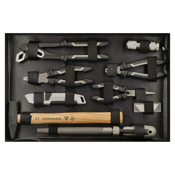 Alpha Tools Werkzeugkoffer - L x B x H: 450 x 305 x 167 mm, Aluminium, 119 -tlg. - Werkzeugsatz mit Zangen, Hammer, Messer, Feile und Taschenlampe, sicher gehalten in einer schwarzen Werkzeugkiste.