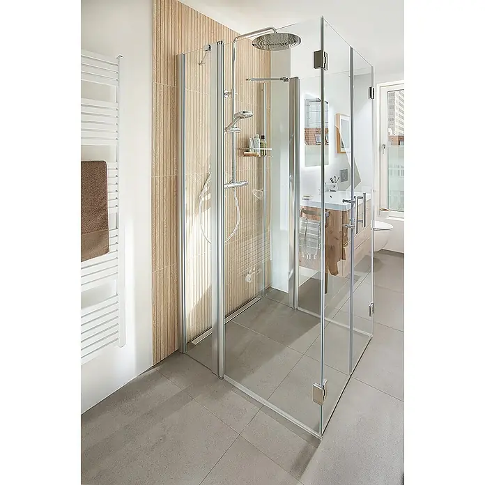 Camargue Duschsystem Los Angeles - Mit Thermostatarmatur, Anzahl Strahlarten: 3 Stk., Chrom - Das Bild zeigt eine moderne Duschkabine mit klaren Glaswänden und Chrombeschlägen, die ein elegantes Badezimmerdesign ergänzt.