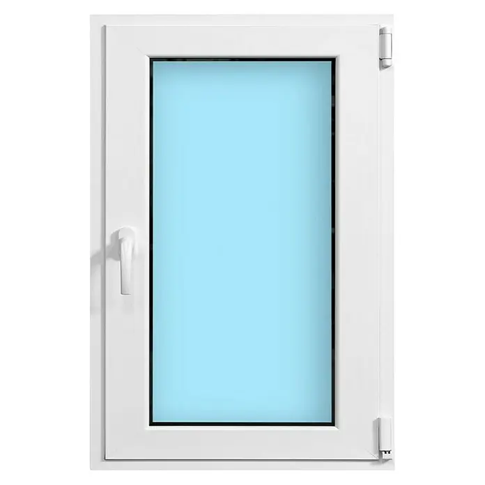 Solid Elements Ventana de aluminio practicable-oscilobatiente - 60 x 80 cm, Derecha, Blanco - Primer plano de una ventana blanca rectangular con manija, que muestra un vidrio azul.