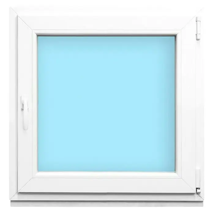 Solid Elements Ventana de PVC practicable-oscilobatiente - 80 x 80 cm, Derecha, Blanco - Primer plano de una ventana de PVC blanca con maneta y herrajes, mostrando un cielo azul claro y luminoso. Ideal para ventilación y vistas.