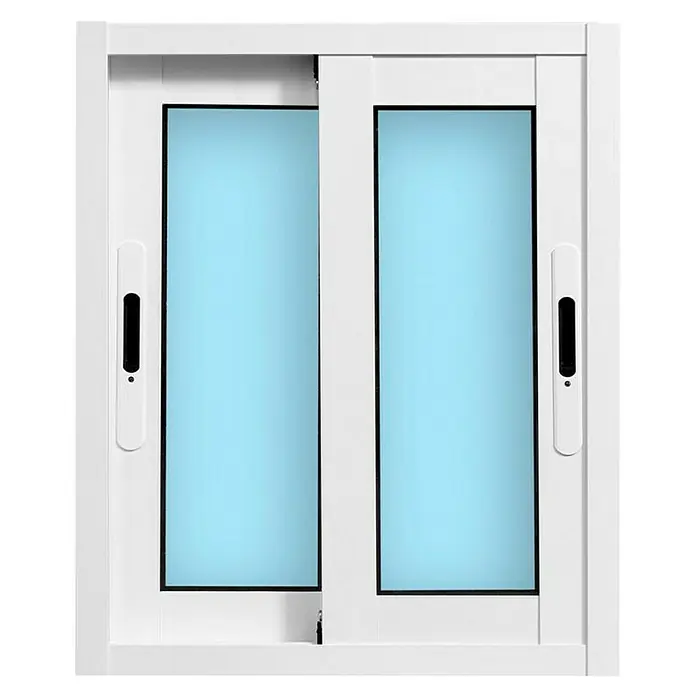 Solid Elements Ventana de aluminio corredera - 50 x 60 cm, Izquierda/Derecha, Blanco - Primer plano de una ventana corredera blanca con vidrio azulado. La ventana está cerrada y tiene manijas.